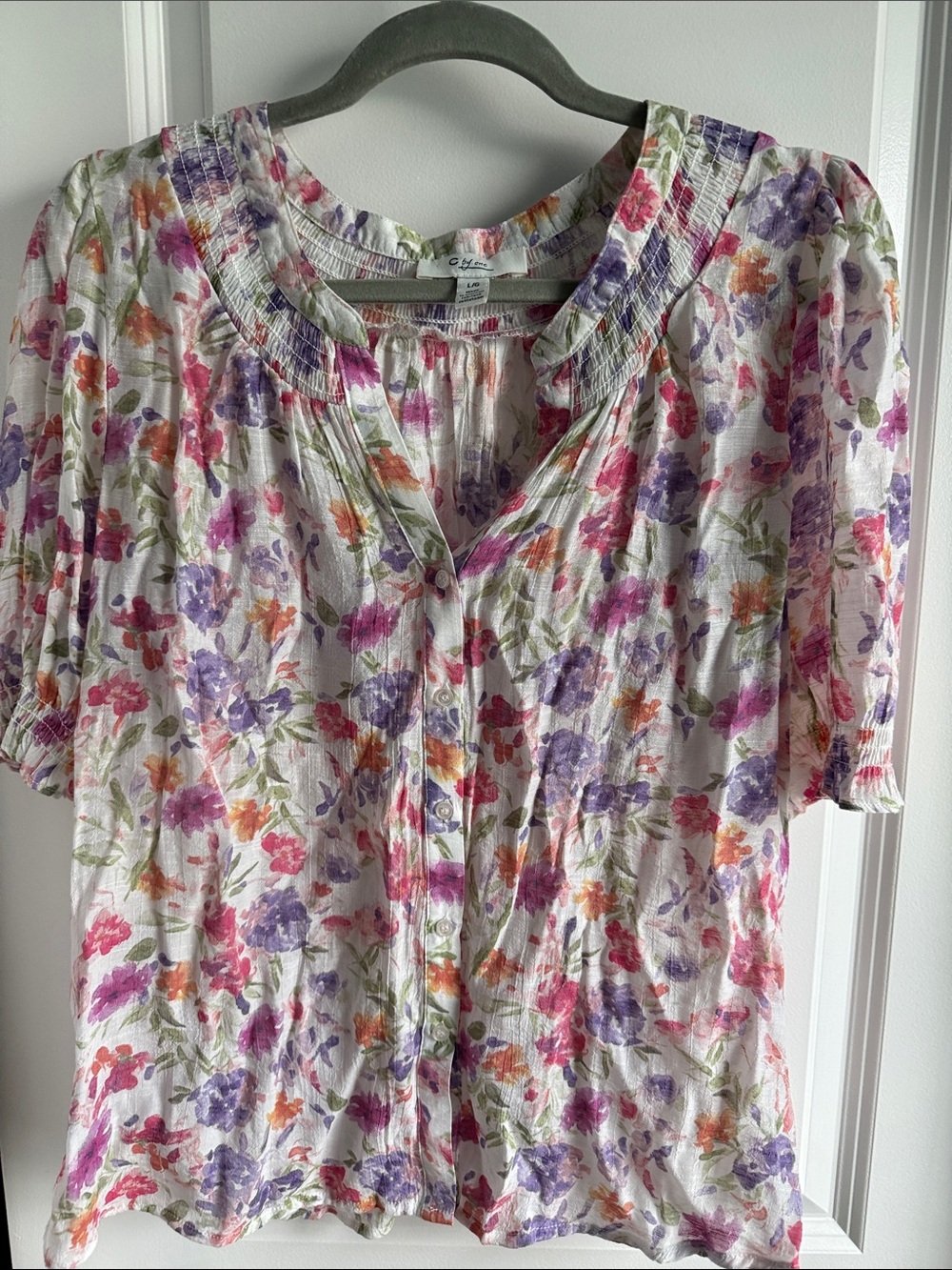Lightweight White Floral Button-Front Blouse
